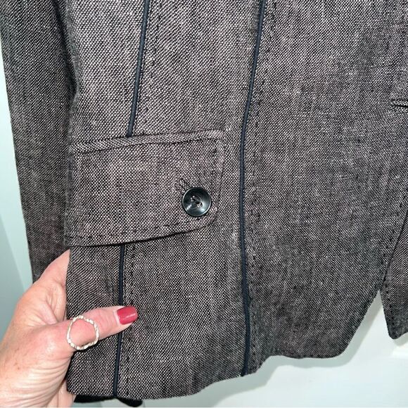 H&M Grey Fully Lined Linen Jacket with black piping and front pockets sz16 - Picture 3 of 12